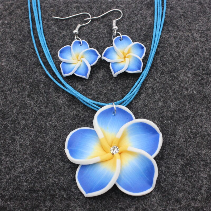 Girl Women&#39;s Fimo Flower Jewelry Sets Hawaii Plumeria Flowers Jewelry Sets Fimo Polymer Clay Earrings Necklace Pendant: Blue