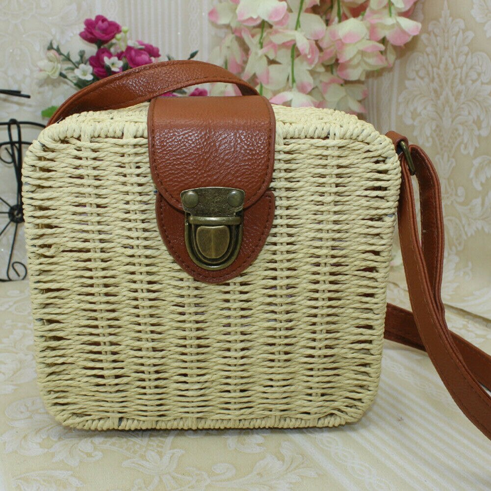 Bolsa de palha rattan feminina, nova bolsa quadrada de palha trançada para mulheres, transversal, praia, bolsa de verão, bolsa de mensageiro, imperdível: Bege