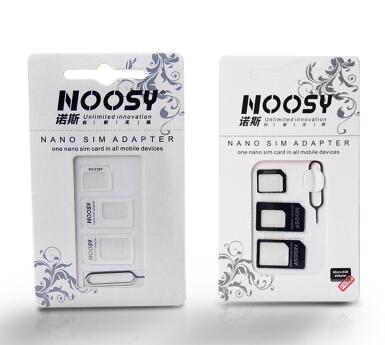 100 sets (400 pcs) 4 In 1 Noosy Nano Micro SIM Card Adapter Eject Pin Voor iPhone 5 5 S Voor iPhone 6 6 plus 7 7 plus met Doos