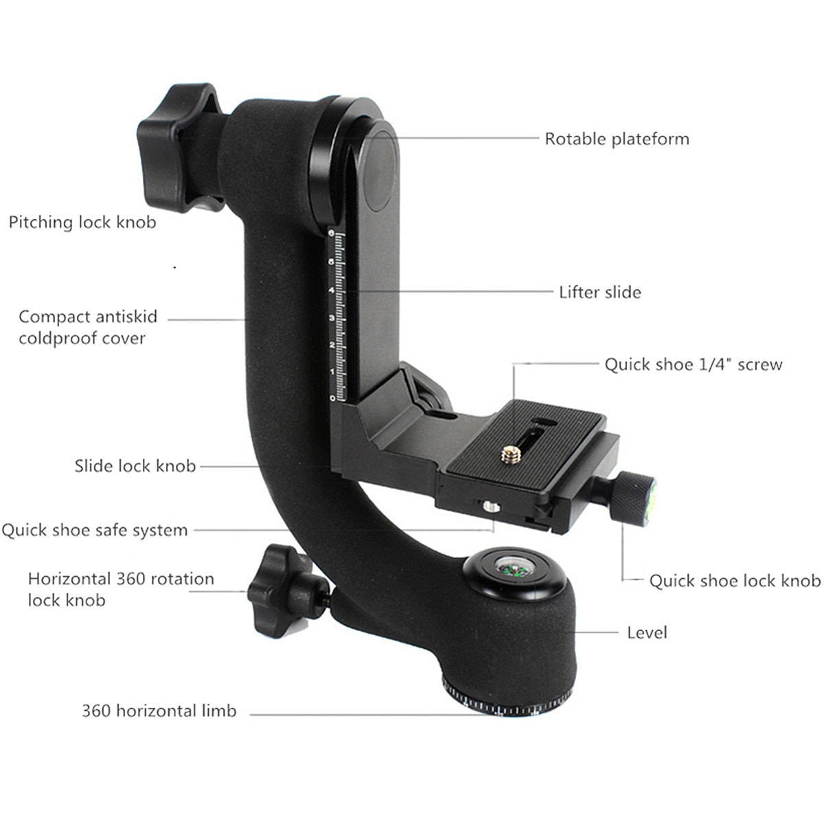 Cardán panorámica giratorio de 360 grados, rótula de bola de trípode, aleación de aluminio negro para cámara, lente teleobjetivo 210x75x210mm Carga 18kg