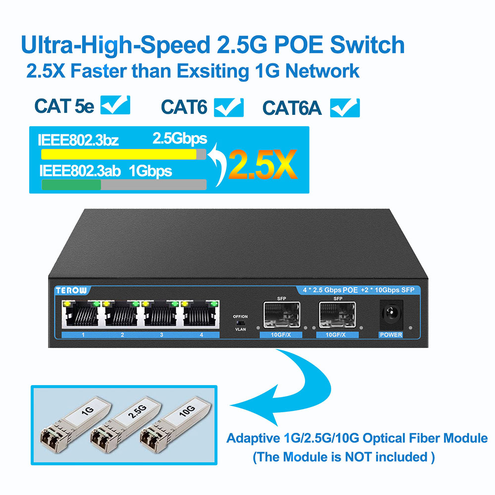 Switch poe não gerenciado de 6 portas 2.5 gb com portas poe base-t 4*2.5g, 2*10g sfp + uplink 802.3af/at (poe +) switch poe 2.5g para nas/pc