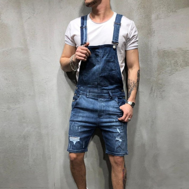 Pantalones cortos holgados a la para hombre, petos vaqueros rasgados para hombre, petos vaqueros informales para hombre, pantalones cortos hasta la rodilla