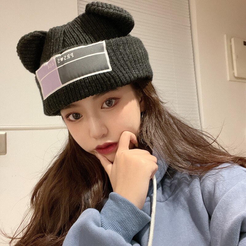 Bear Ear Balaclava Hat with Ear Cute Full Face Cover Ski Mask Beanies for Women 1 Hole Windproof Warm Streetwear Knitted