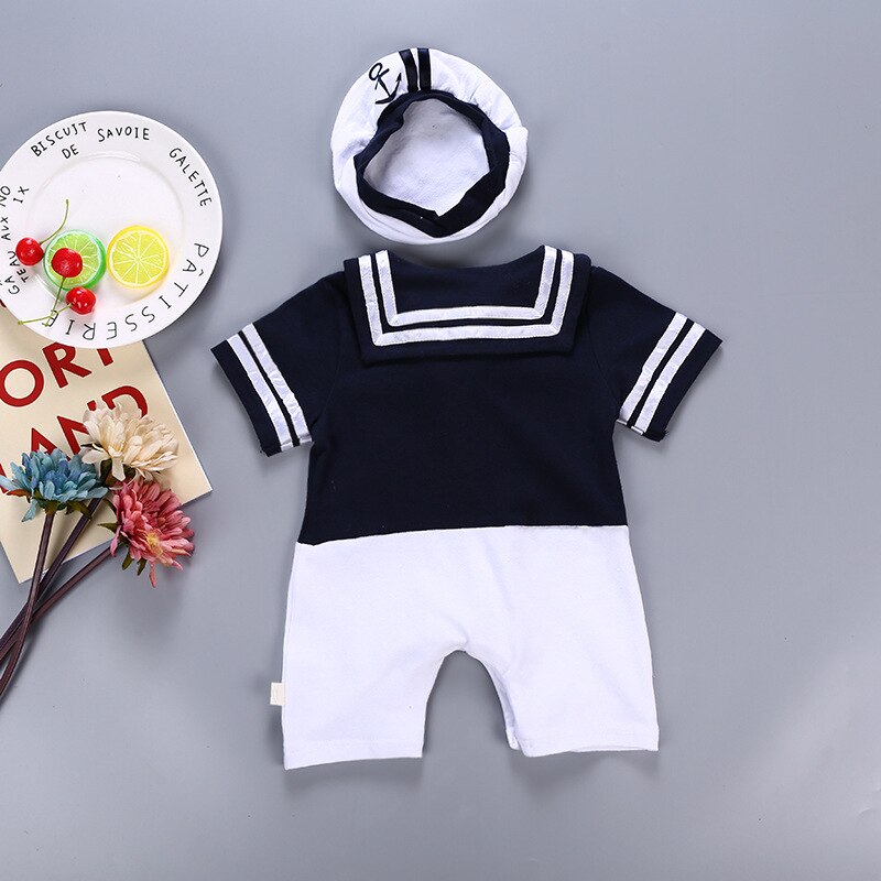 Infant Baby Summer Short Sleeve Rompers Clothes Baby Boy Sailor Suit with Navy Hat Sailor Collar Children Climbing Jumpsuit Sets
