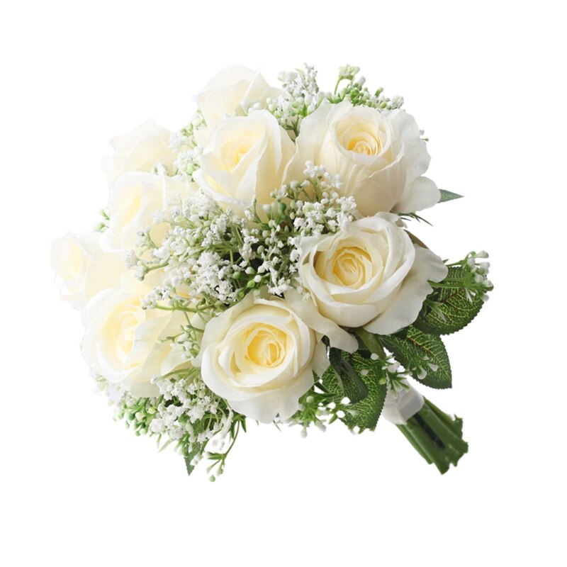 Rosas de flores artificiales con hojas de bebé ramo de novia de boda realista