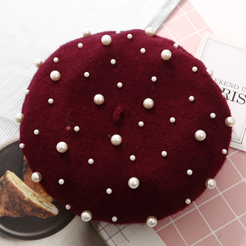 Wool Women Winter Berets Luxury Pearl Rivet Vintage Cashmere Female Warm Vogue Beret Hats Girls Flat Cap Beret for Women: Wine Red