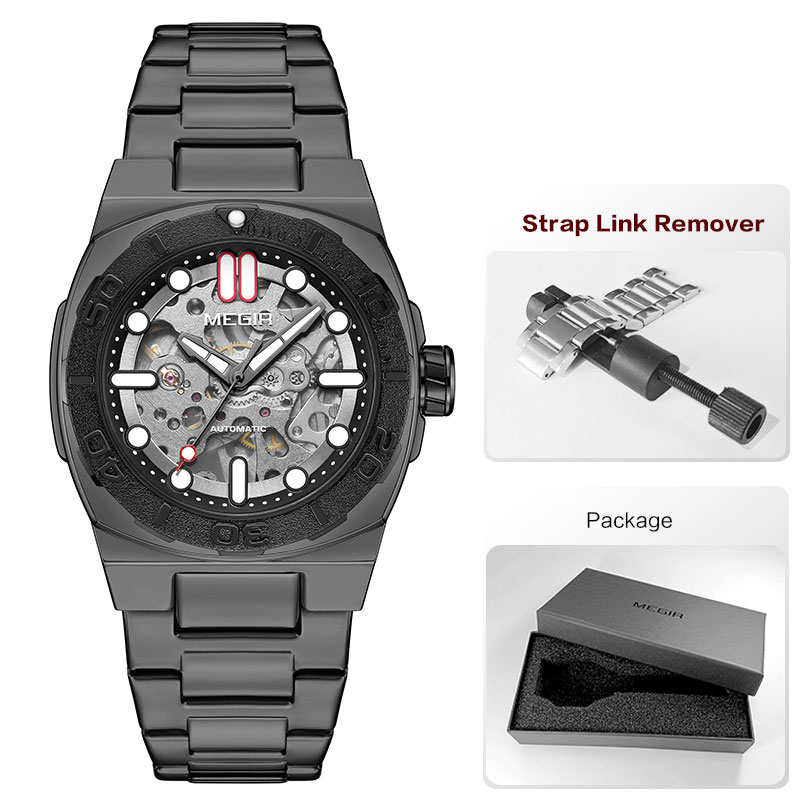 MEGIR Heren Automatisch Mechanisch Horloge - Skeleton Wijzerplaat, Roestvrij Staal Band, 3Bar Waterdicht: Zilver