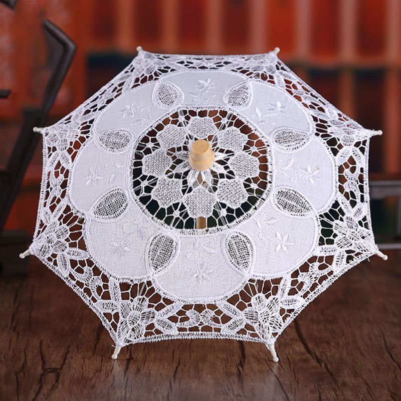 Boda Parasol para novia paraguas hueco de encaje bordado Blanco sólido Color romántico apoyos de la foto con mango de madera de 8 costillas