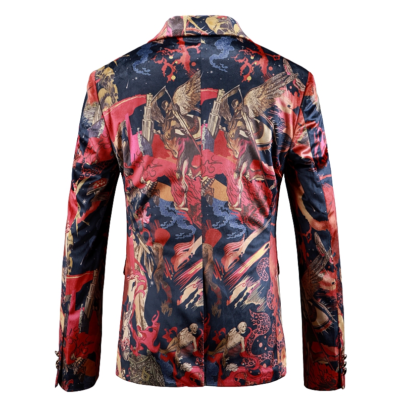 Jakkesæt med print til mænd stil ungdom slim fit sjal reversjakkesæt blazer scenesanger performance jakke tøj