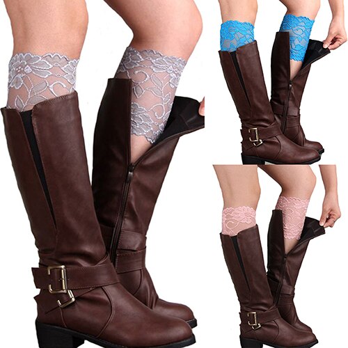 Women Girls Stretch Flower Lace Trim Boot Cuffs Leg Warmers Top Socks