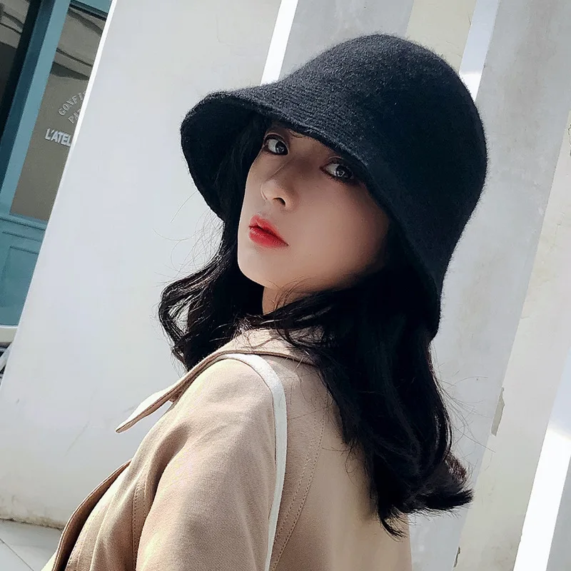 Solid Wool Bucket Hat Women Autumn Winter Fisherman Hat Vintage Knitting Wool Basin Cap