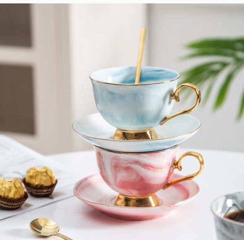 Marmor Keramik Kaffee Tasse Untertasse Löffel Einfache Frühstück Luxus Gold Rand Kaffee Tasse Reise Tazas De Cafe Tassen Und Untertassen Sein50CU