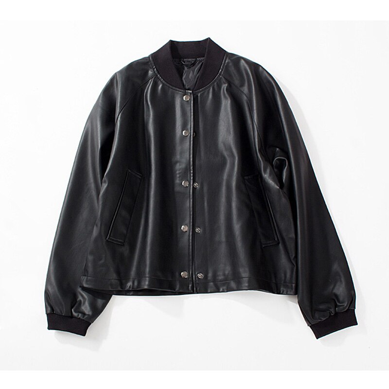 Chaqueta de cuero sintético para mujer, abrigo corto de piel sintética suave, negro y rojo, chaqueta de motorista con cremallera, holgado de talla grande, prendas de vestir, otoño: Black / S