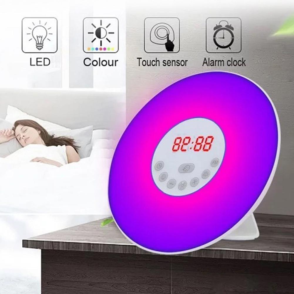 Digital Wecker Wake Up Licht Tisch LED Lampe Elektronische Schreibtisch Uhr Sunrise Sunset Snooze Uhren FM Radio Uhren