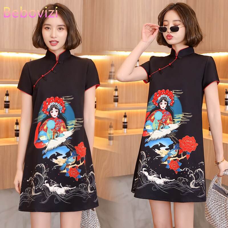 M-XXL Beijing Peking Opera Black Loose Modern Trend Cheongsam Dress for Women Qipao Traditional Chinese Clothes