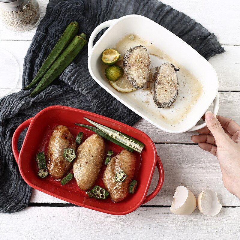 Oval Ceramic Binaural Baking Tray Home Soup Plate Red and White High Temperature Resistant Baked Rice Plate