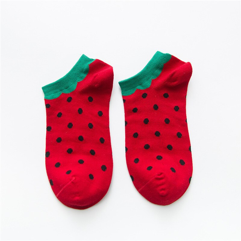 Calcetines de algodón de verano con dibujos de plátanos y frutas, calcetines de tobillo para mujeres, de corte bajo calcetines divertidos de animales, calcetines invisibles para chicas lindas felices: dot red socks