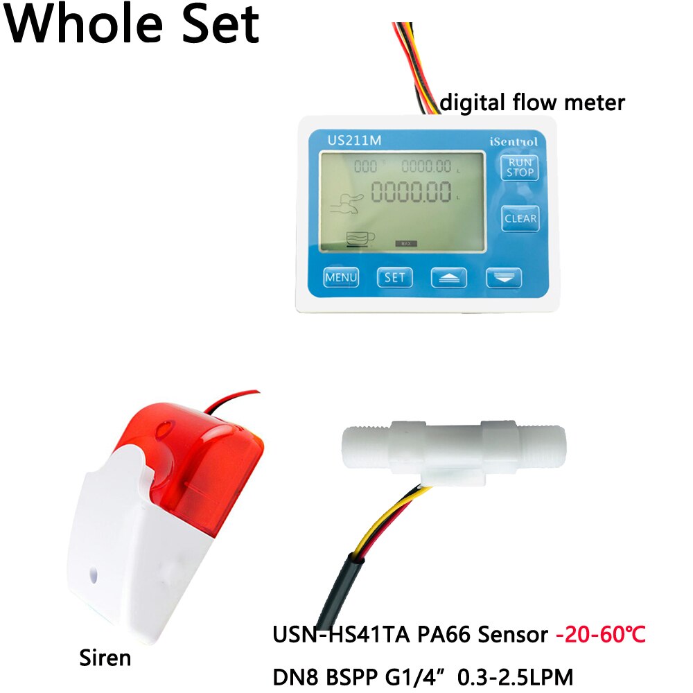 US211MA Pipe Water Suspend Alarming System Digital Flow Meter and Plastic 60℃ Flow Sensor Turbine Flowmeter G1/4" BSPP iSentrol: Whole Set no power