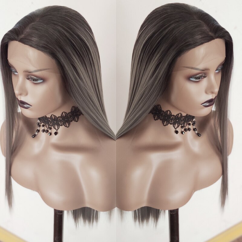 Grey Synthetic lace front wig black root to dark gray long straight wave wigs for women ombre colored Heat Resistant Wig 24 inch: straight wig / 22inches