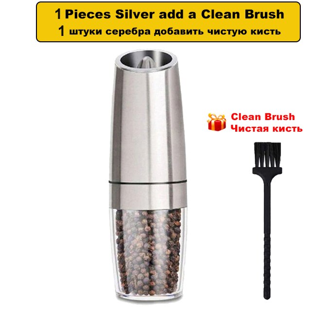 BEEMAN Electric Salt and Pepper Grinder Stainless Steel Automatic Gravity Induction Pepper Mill Kitchen Spice Grinders Tools: 1-Pcs Silver