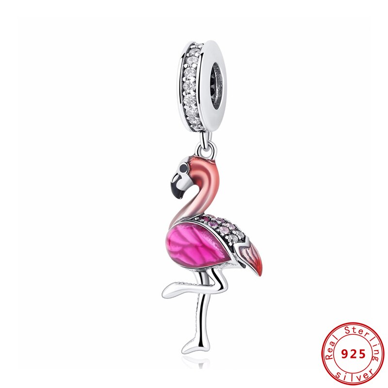 Novo 925 Sterling Silver Bead Rosa Flamingo & Papagaio Colorido Pingente Encantos De Cristal Beads Fit Pulseiras Jóias Originais