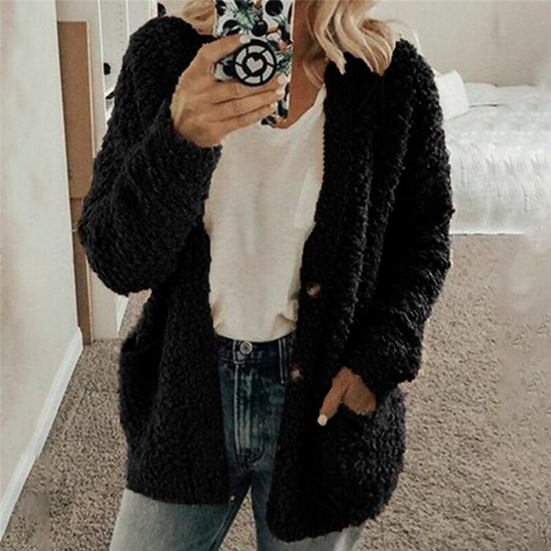 S-2XL grande taille automne hiver cardigans pour femmes décontracté poche épais ample en peluche polaire hauts femme: XL / Black