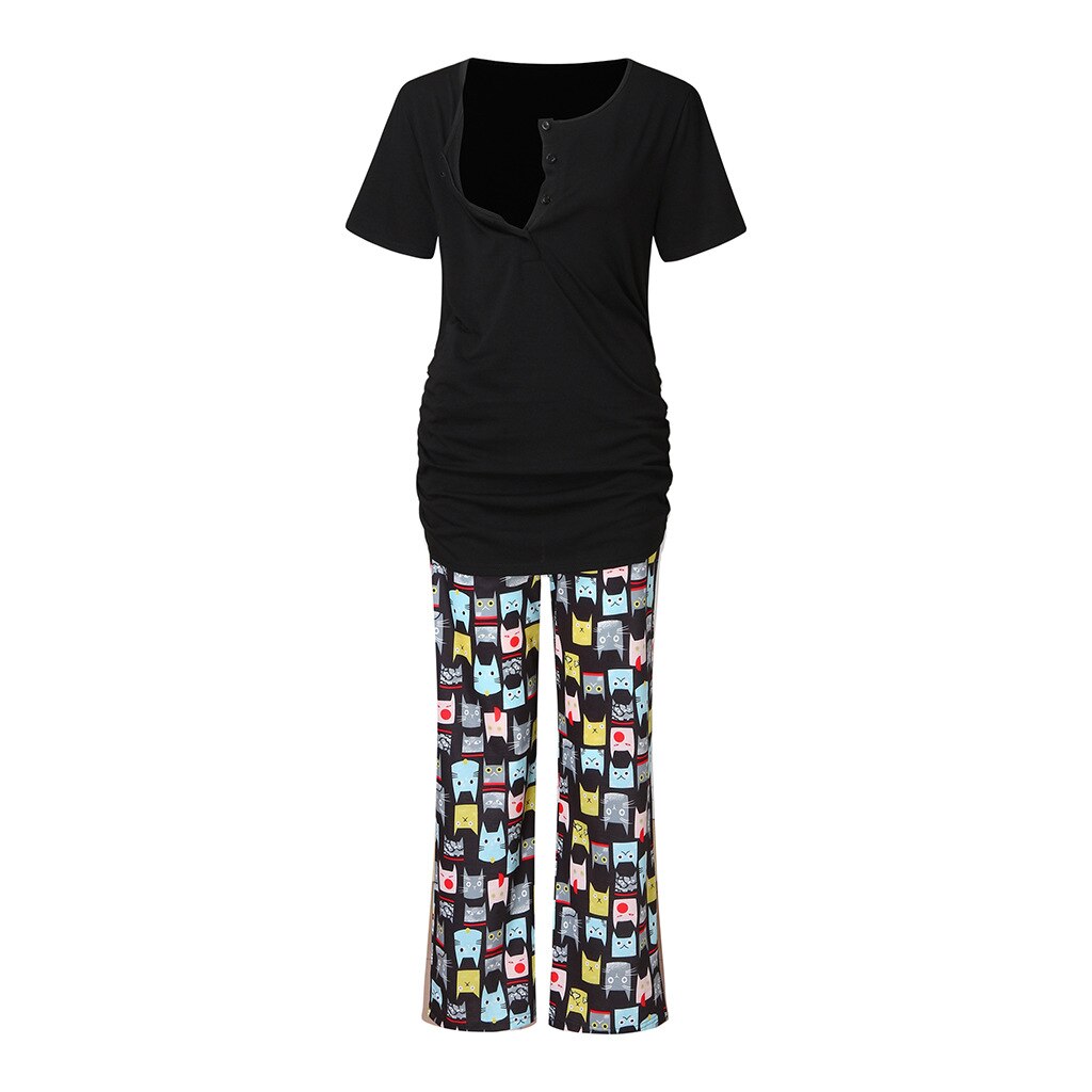 Pyjama Set Voor Zwangere Vrouwen Moederschap Nachtkleding Verpleging Kleding Winter Katoen Borstvoeding Nachtkleding Homewear Tops + Broek: cat / Xl