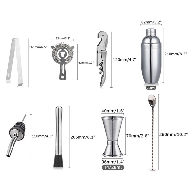 12Pcs/set 750ml Stainless Bar Cocktail Shaker Mixer Drink Bartender Browser Set Barware Set Shaker Set With Wooden Rack Stand