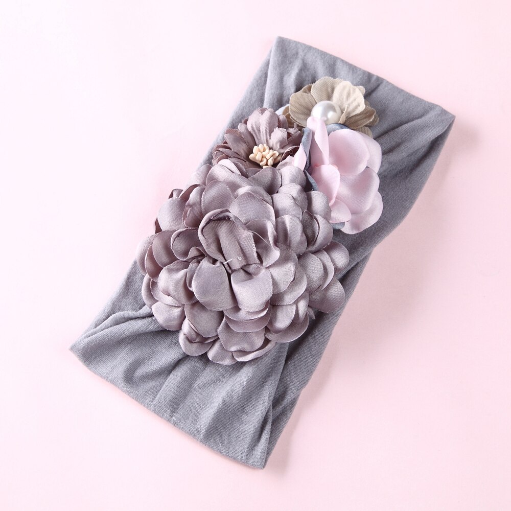 Mädchen freundlicher Baby Bogen Hairband Elastische Stirnbänder Nette 3D Blume strecken Turban Blume Kopf wickeln Kleinkind Prinzessin Haar Zubehör: grau