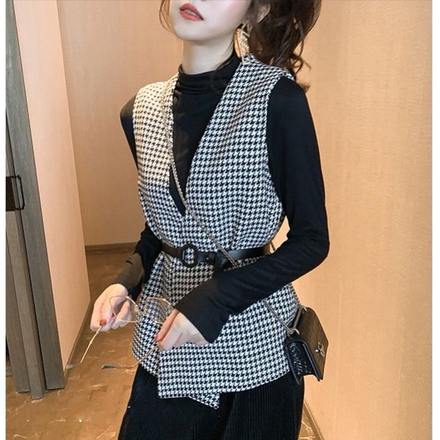 Tweed vest dames mouwloos jasje herfst engeland stijl vintage v-hals pied-de-poule geruit vest gilet met riem  c98: Zwart vest met riem / Xl
