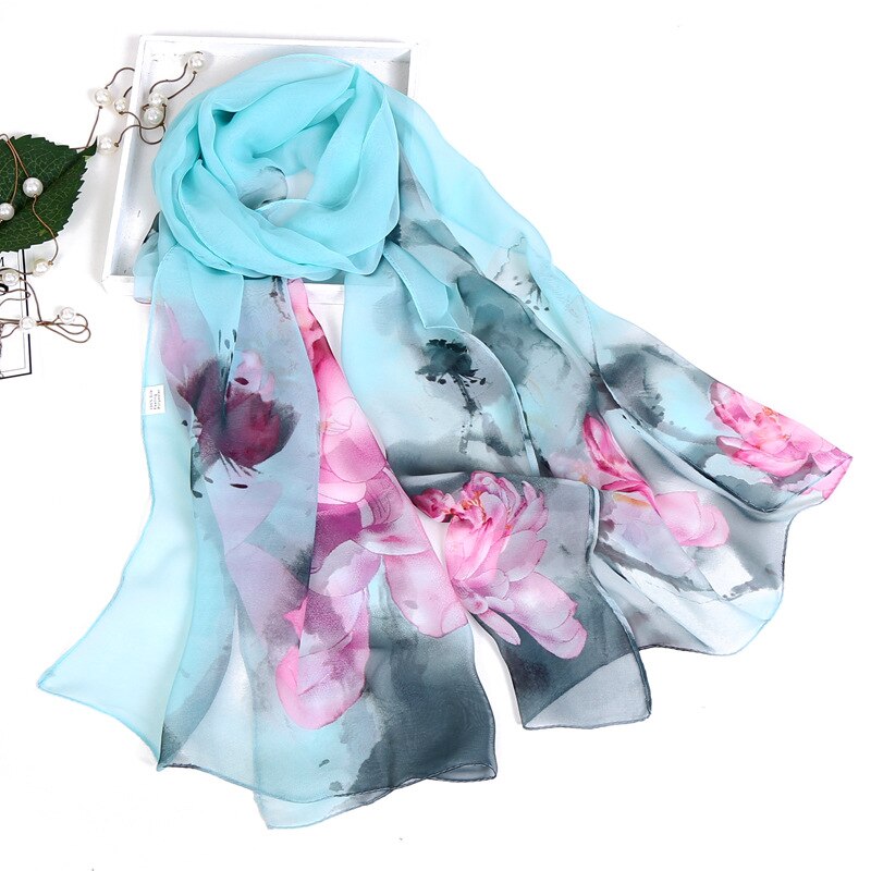 Dames foulard chiffon georgette bandana sjaal inkt lotusbloem print lange sjaal zomer wikkel dame dun ademend: Meerblauw