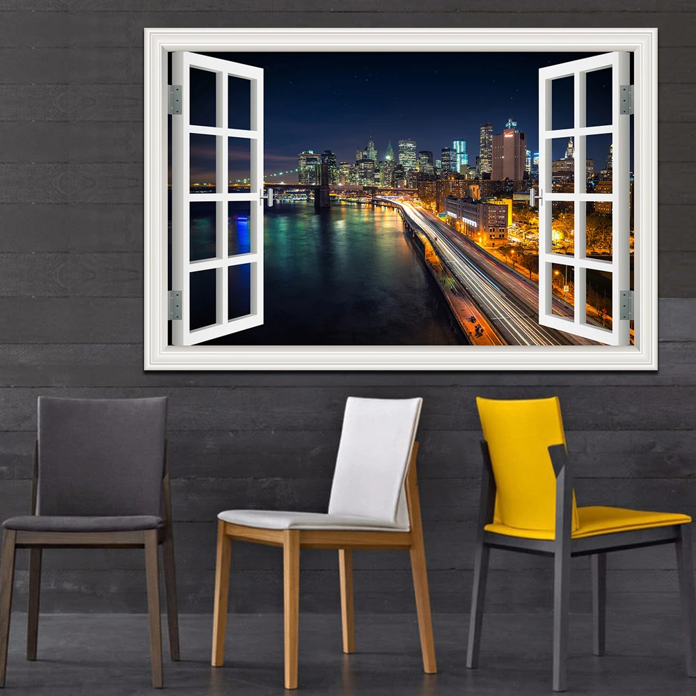 3D Window View wall Sticker York Brooklyn Removable Night Wall Art Wallpaper Kitchen Room decor aesthetic poster prints