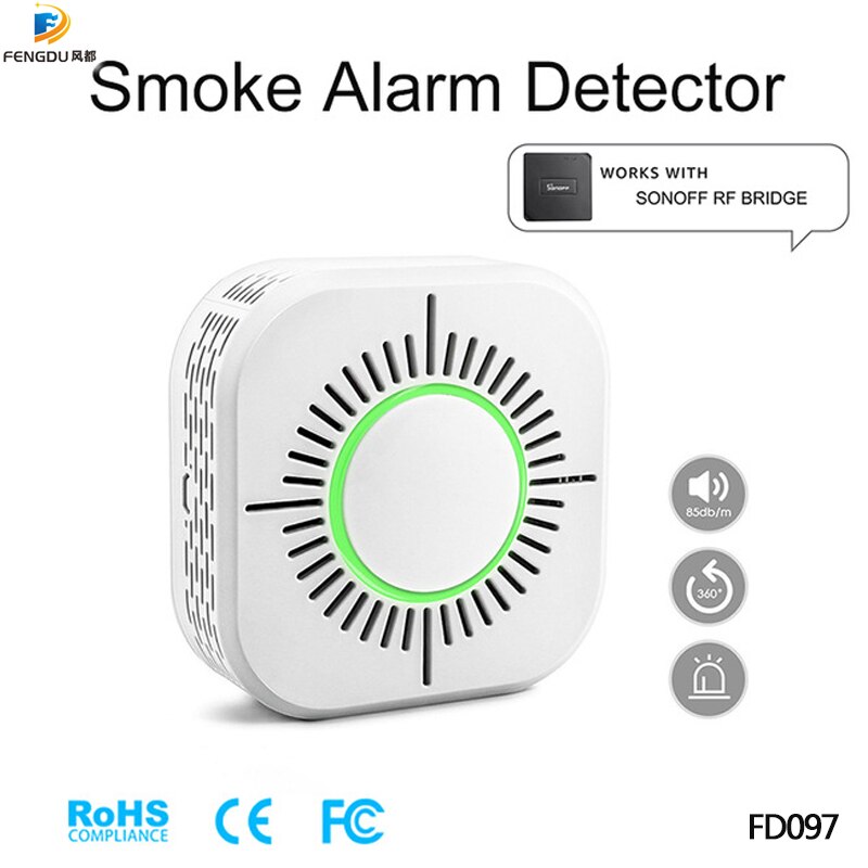 Smoke Detector Wireless 433MHz Fire Security Protection Alarm Sensor for Smart Home Automation, Work with for Sonoff RF Bridge