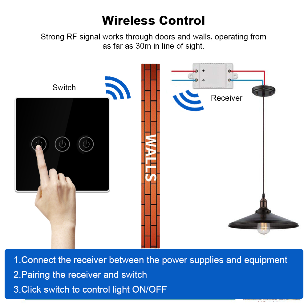 Wireless Smart Touch Switch Light Controller with 1/2/3 Receiver 30m Remote Control 1/2/3 Gang Lamp Wall Panel Button Receiver
