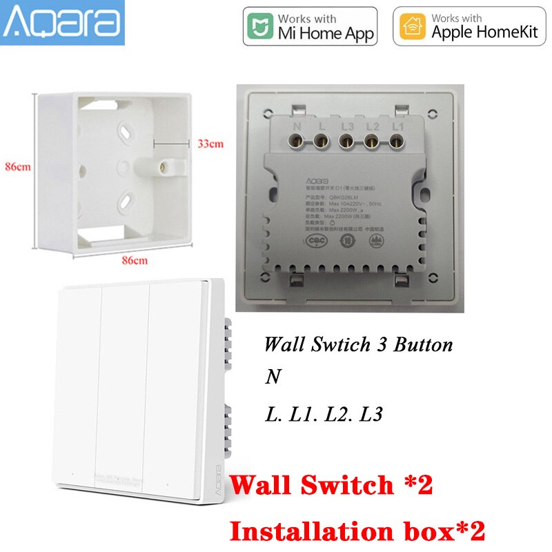 Aqara-Interruptor de pared inteligente D1, interruptor inalámbrico de un solo cable de fuego, cero fuego, ZigBee, Control de luz inteligente para Mihome: D1 Neutral 3key X2