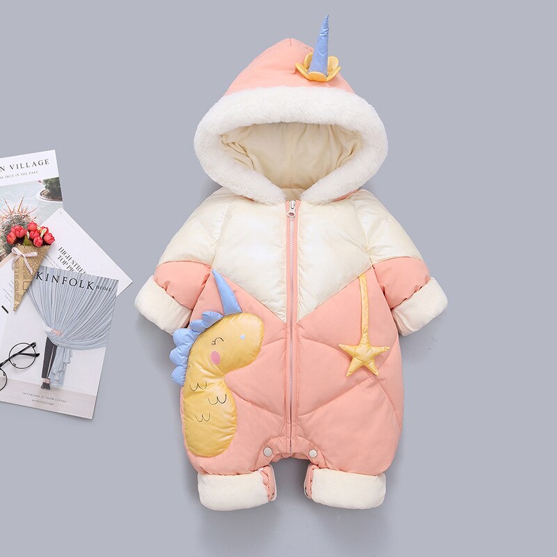 Geboren Fluwelen Winter Baby Kleding Meisje Romper Cartoon Dinosaurus Jongen Hooded Down Overall Kid Jas Peuter Jumpsuit Snowsuit: Pink / 6m