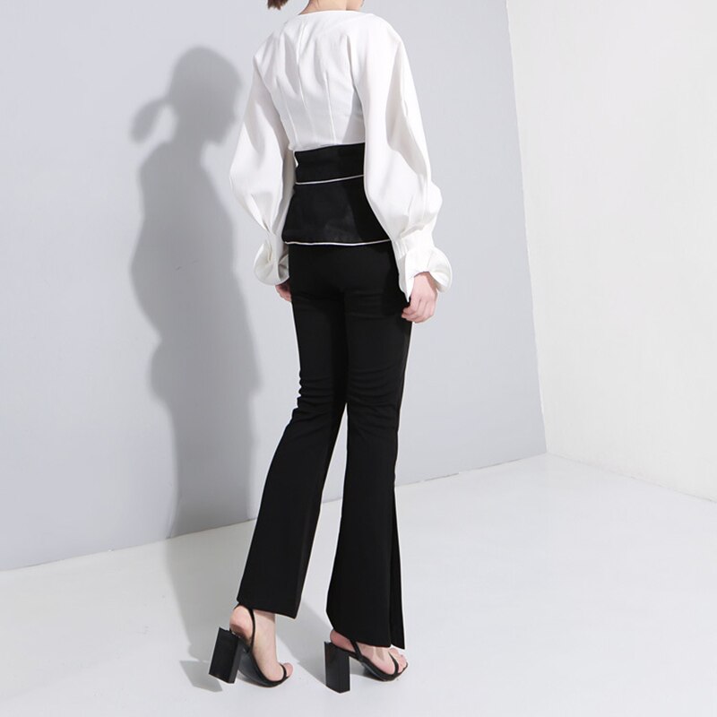 Chiquever branco minimalista blusa para mulher decote em v lanterna manga longa fino elegante blusas casuais femininas roupas de moda outono
