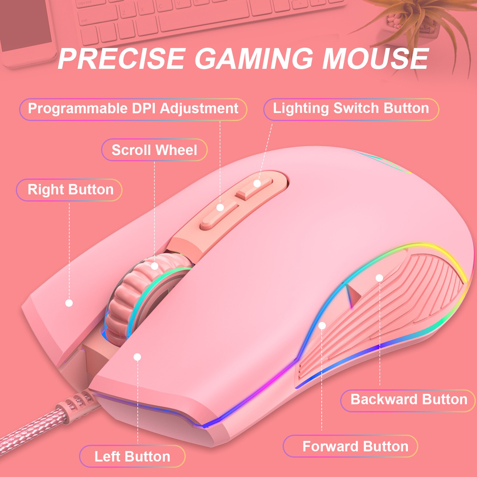 Pink Mouse Girl RGB Backlight Wired Mouse TYPE-C Gaming Mouse for PC Laptop Gaming