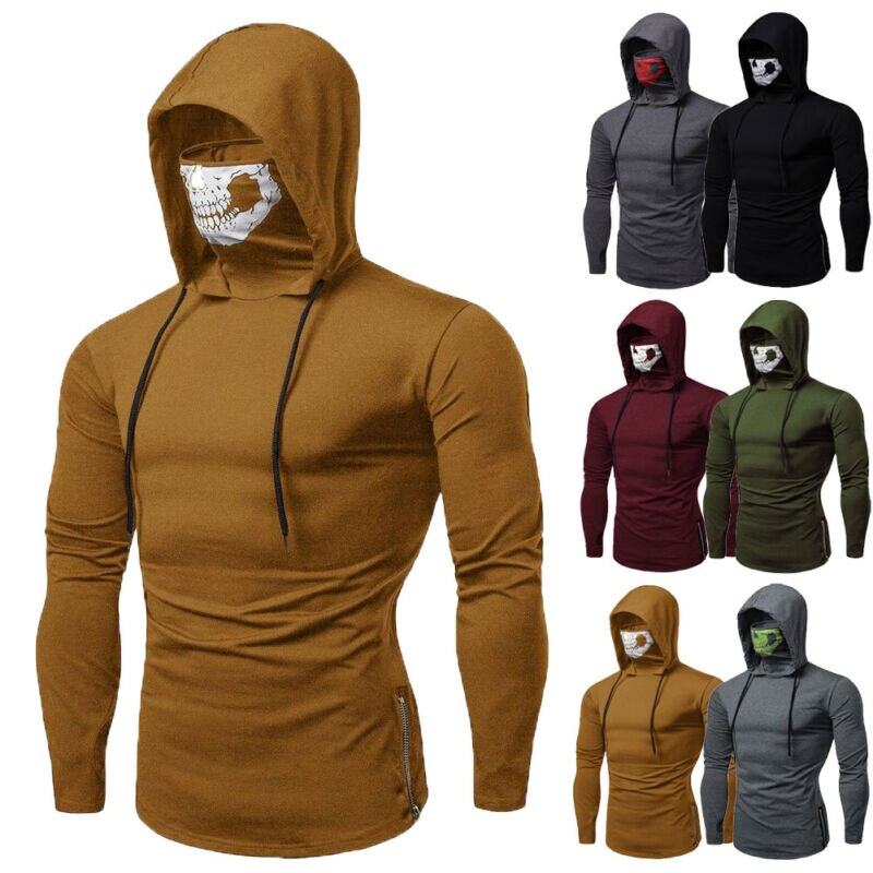 Brand Mens Casual Solid Color Mens Gym Sports Thin Hoodie Long Sleeve Hoodies With Mask Sweatshirt Casual T-Shirt