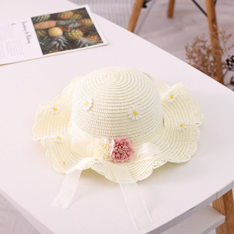 Zomer Meisje Strooien Hoed Tas Set Zon Cap Outdoor Kids Ademend Strand Hoeden Chrysant Zoete Prinses Seaside Panama Hoed: white hat