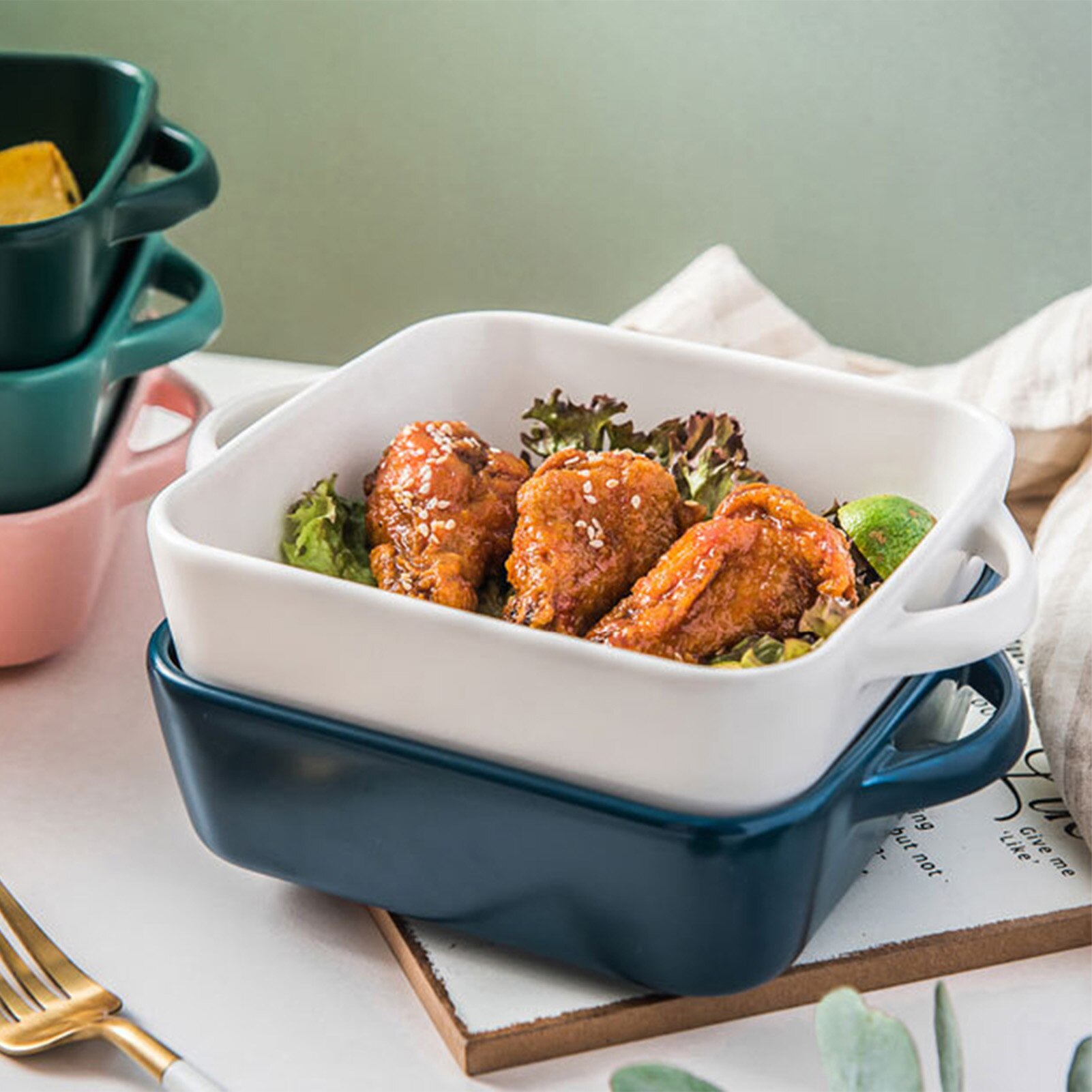 Ceramic color glazed binaural baking tray Simple pasta baked rice tray Barbecue grilled meat cheese tray Kitchen cooking tools