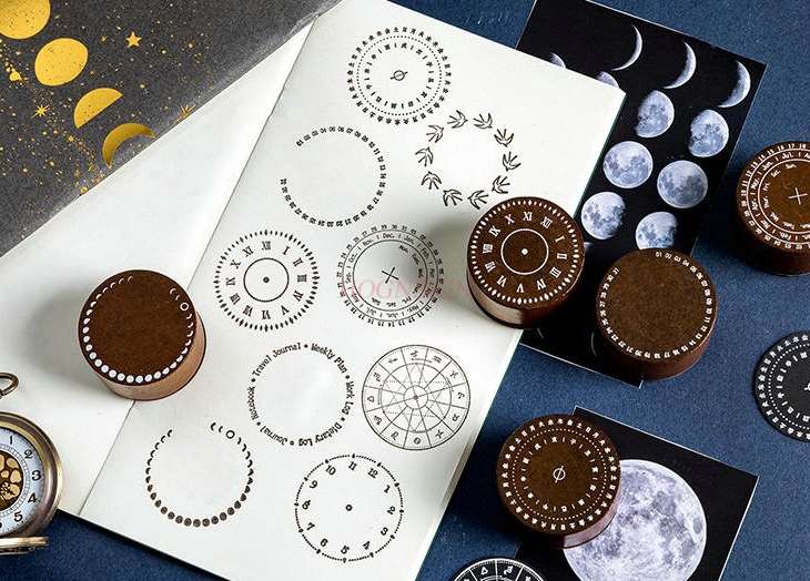 Round wooden seal moon phase perpetual calendar quartz clock sundial handbook decoration tool