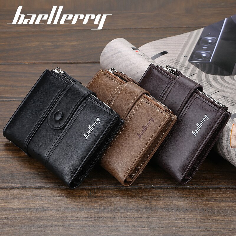 Baellery vintage curto carteira masculina de couro duplo zíperes multifunction business wallet men coin pocket alta qualidade masculino bolsa