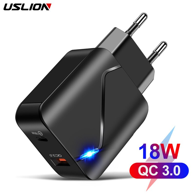 USLION 18W PD adapter EU US QC 3.0 usb Quick charger For iPhone 11 12 Xiaomi mi 9 Samsung Huawei mobile phones LED Fast Charging