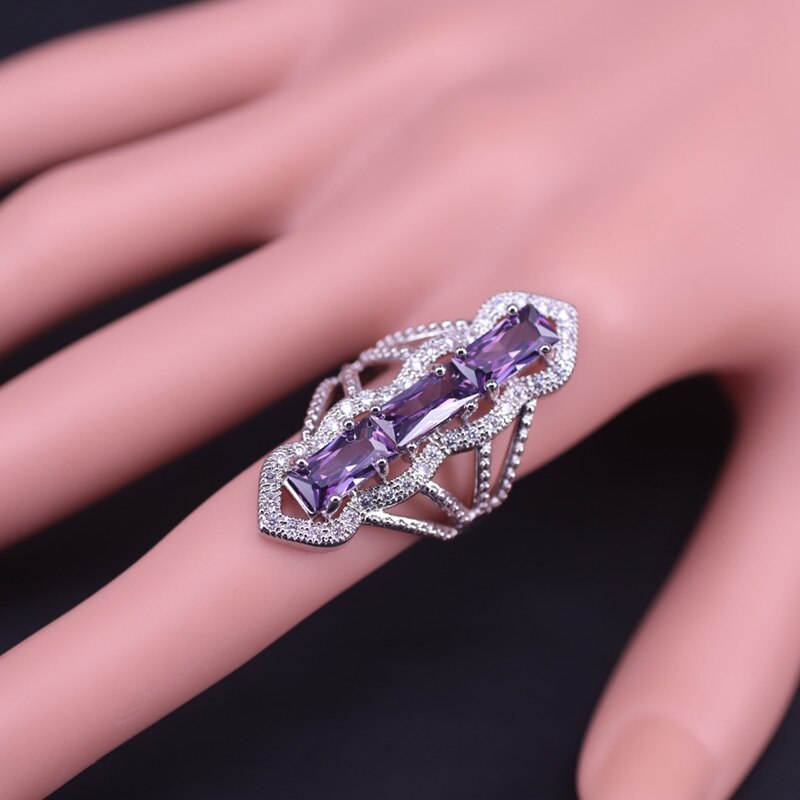 Geometriske firkantede smykker lilla krystal øreringe ring halskæde armbånd sæt til kvinder skinnende brudesmykker