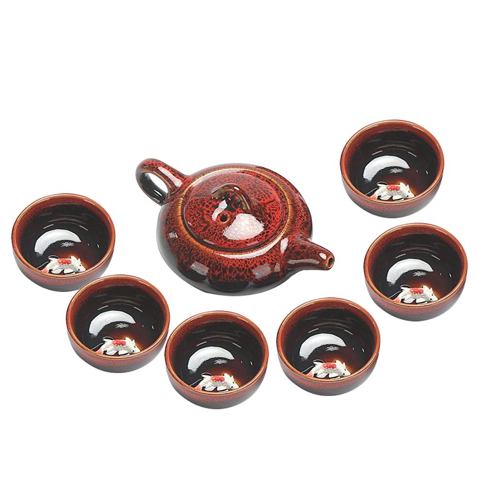 Kung Fu Tea Set Chinese Ceramic Teapot Retro Fish Pattern Tea Cup Porcelain Green Chinese Traditional Drinkware For Friend