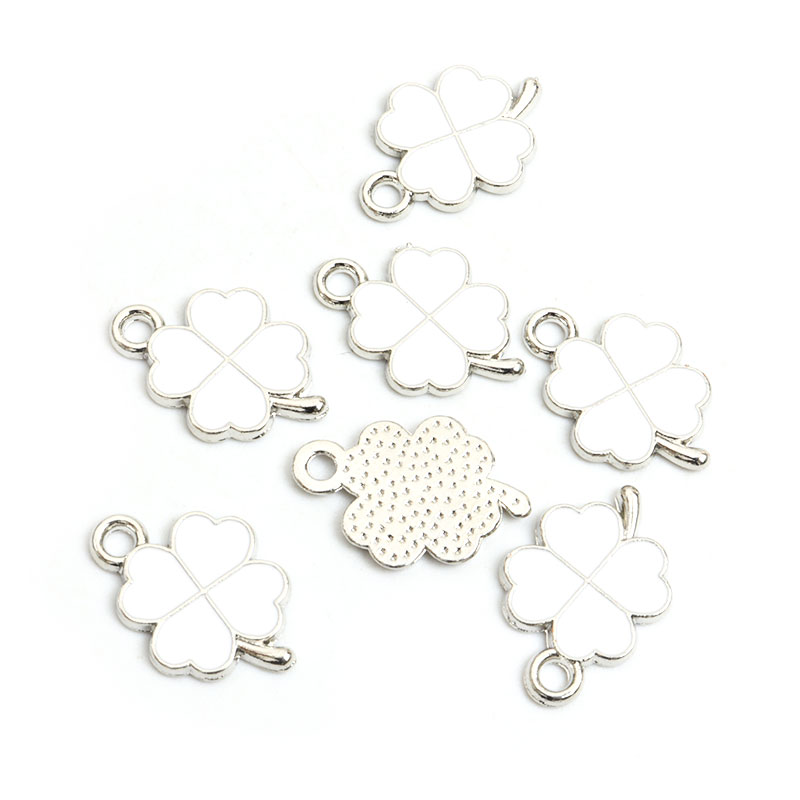 Dopamina trébol de cuatro hojas esmalte encantos 20 piezas DIY collar pulsera pendientes llavero amuleto colgantes accesorios de creativos: Bañado en rodio de imitación