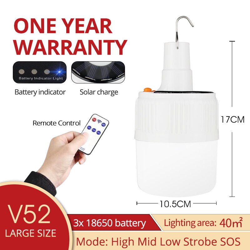 SHENYU-Lámpara solar recargable para bombilla LED con mando a distancia, lámpara portátil recargable por energía solar, control remoto, luz nocturna de emergencia, para exterior, camping: Large size - RC