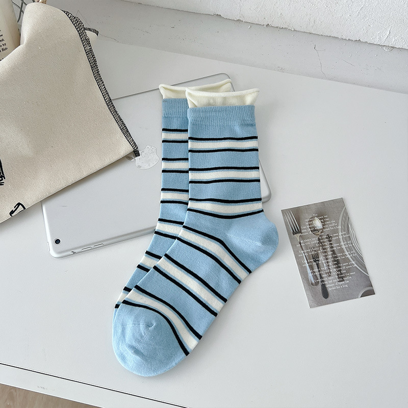 Calcetines largos de algodón para mujer, calcetines coreanos blancos transpirables de ocio para niñas, calcetines bordados para hombre, calcetines a rayas para primavera y verano para mujer: Rojo