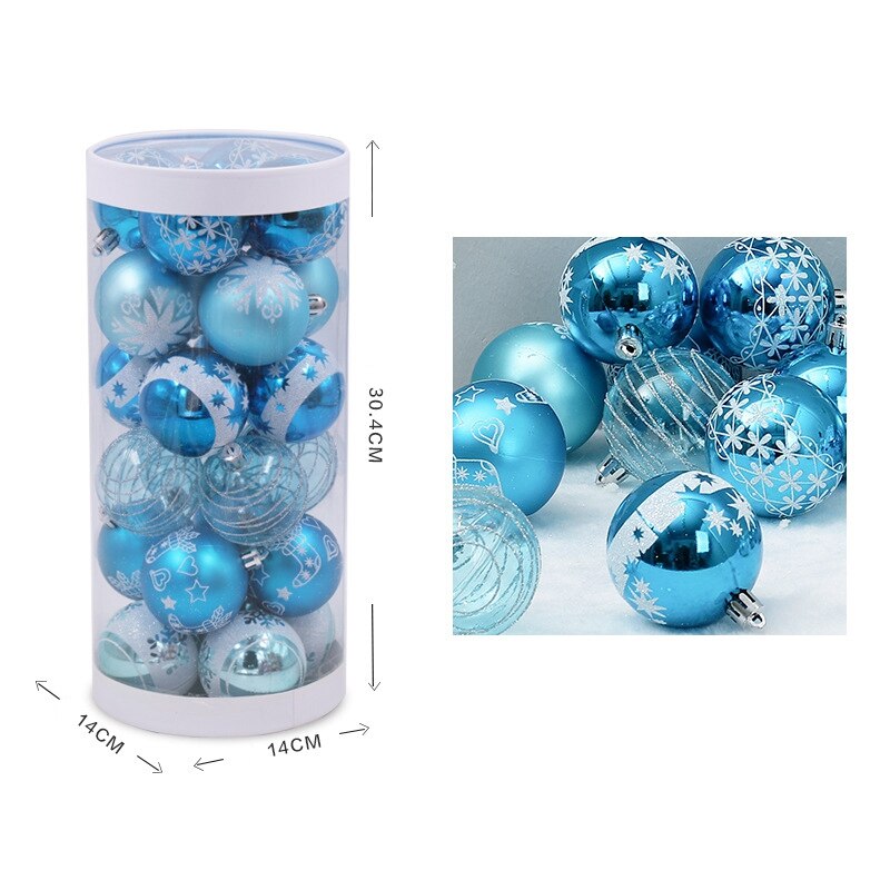 24 stuks 6cm blauwe kerstballen met tekening, kerstboom hangende baldecoratie, boombalornamenten voor kerstfeestbenodigdheden, decoratie